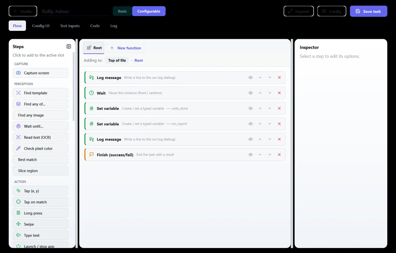 The Studio flow builder — a step palette and a node canvas