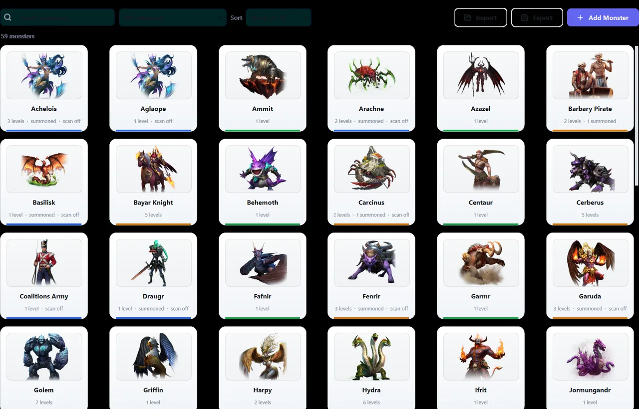 The monster library — a grid of creature art