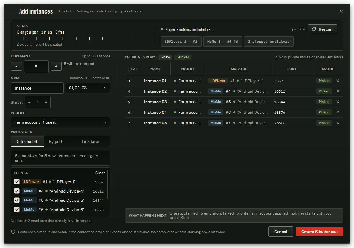 Add instances mid-preview: five instances from the Detected list, one of them on a closed emulator that boots on Start.
