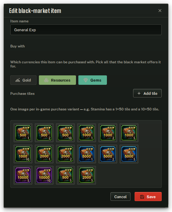 Edit black-market item: the name, the Buy with currency switches, and the purchase-tile pictures.