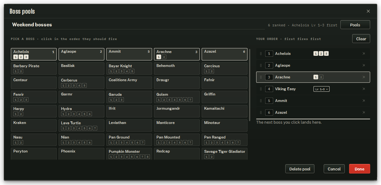 The Boss pools dialog: PICK A BOSS on the left, YOUR ORDER on the right, Pools and Clear above them.
