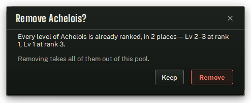 The confirmation asked before a click on a fully-ranked boss removes every rank it holds.
