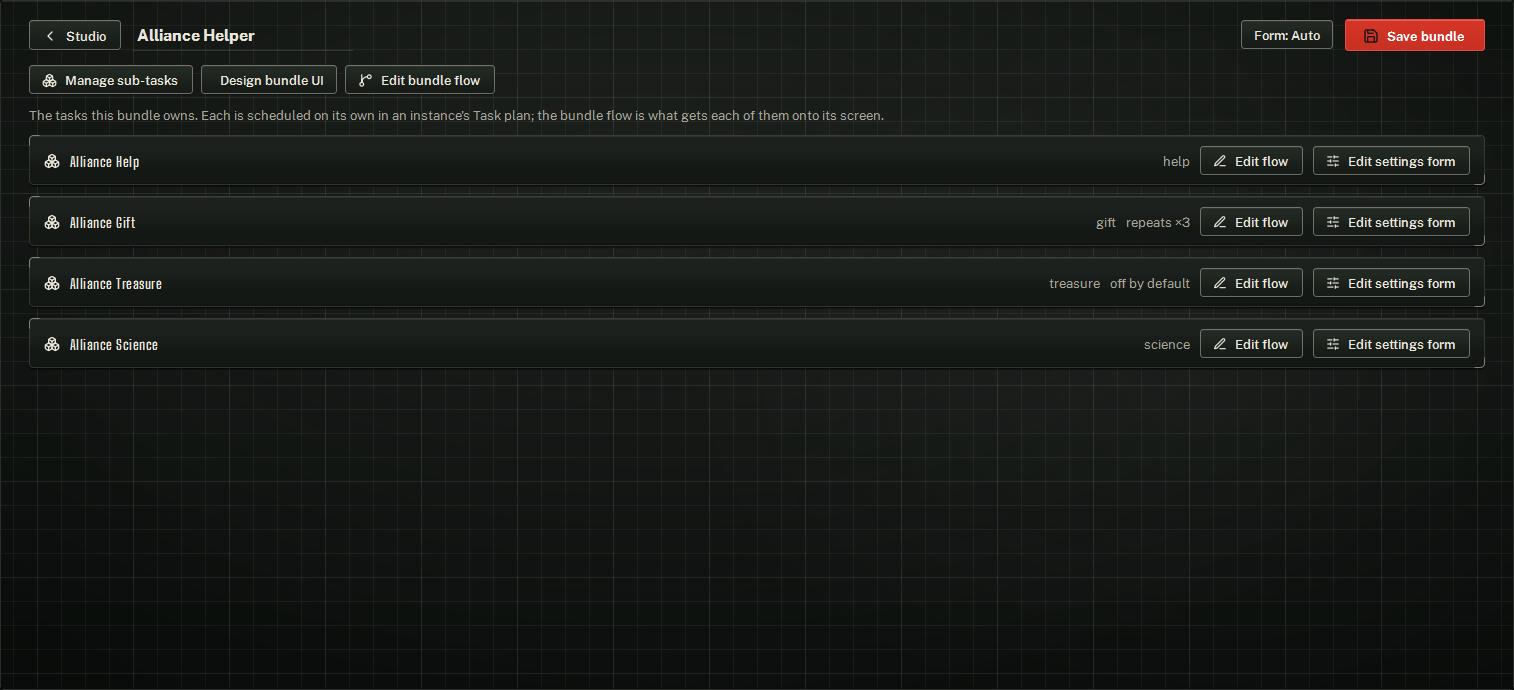 The Bundle Editor hub: name, Form pill and Save bundle, the three editors, and one card per sub-task.