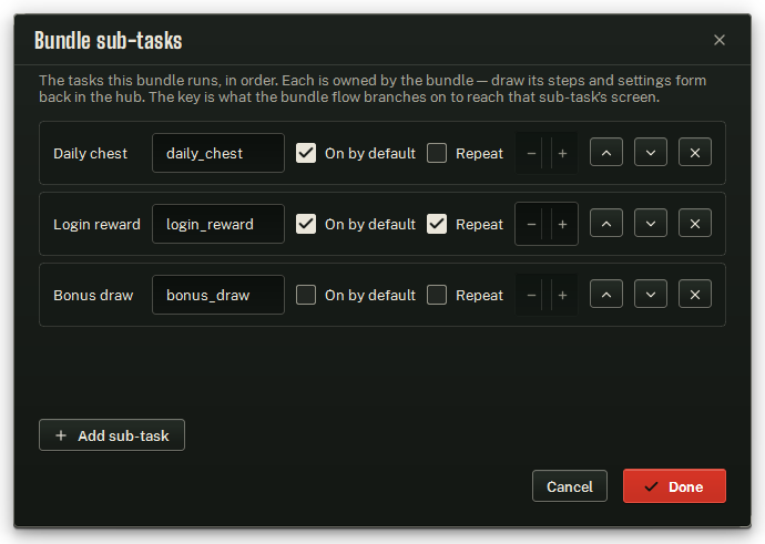 The Bundle sub-tasks dialog: name, key, On by default, Repeat ×N and the row buttons, for a bundle with two sub-tasks.