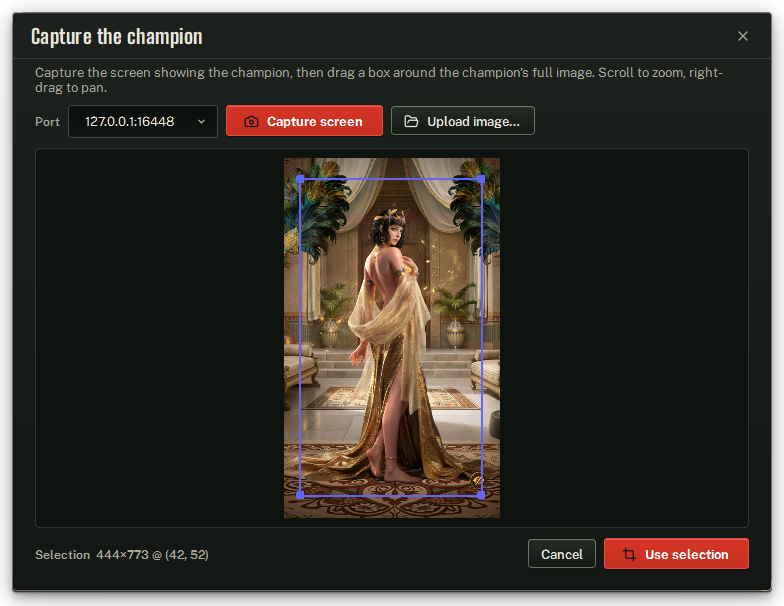 Capture the champion: Port, Capture screen and Upload image, with a box dragged around the champion.
