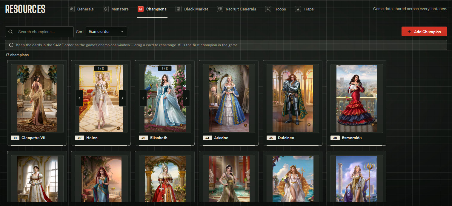 The Champions library: search and sort, the game-order banner, Add Champion, and one numbered card per champion.