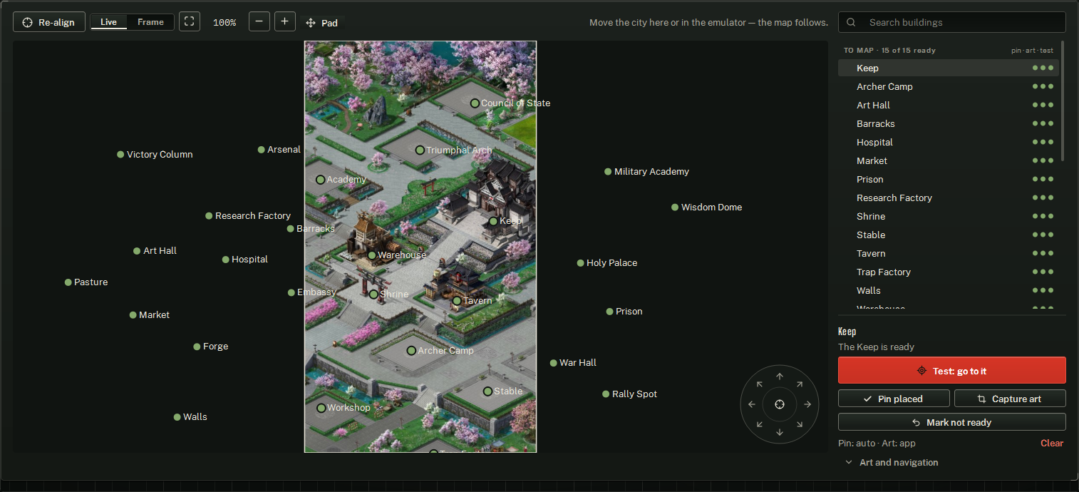 Map by hand: the city with every placed building's dot (where a task taps it), the tools above it, the swipe pad in its corner, and the building list and its next step on the right.