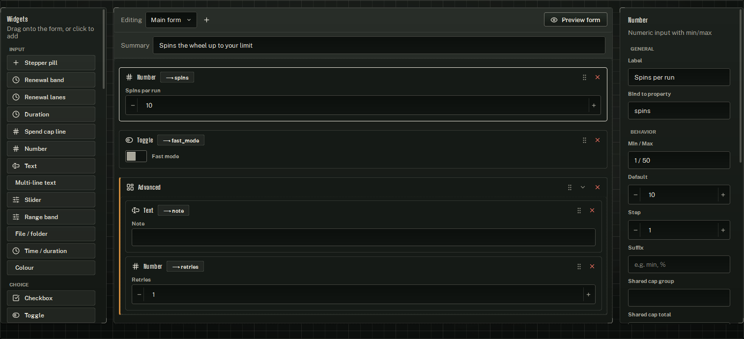 The Config UI builder: Widgets, the live form, and the Properties of the selected field.