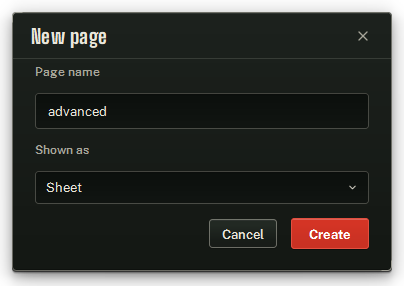 The New page dialog: Page name, Shown as (Popup / Sheet), Cancel / Create.