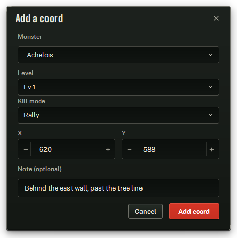 The Add a coord window, with a matched monster showing its Level and Kill mode fields.