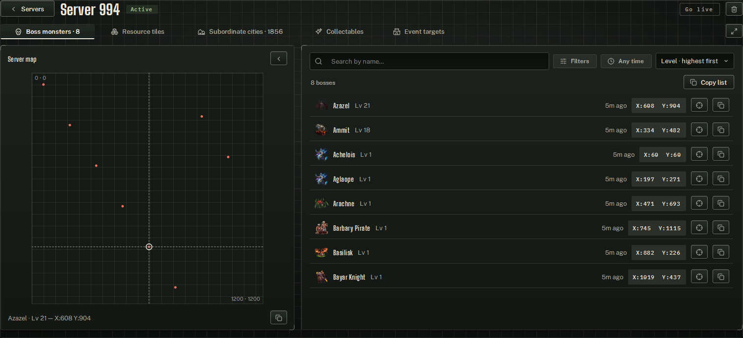 Coordex Explore — the map plate beside the list, one tab per kind of find.