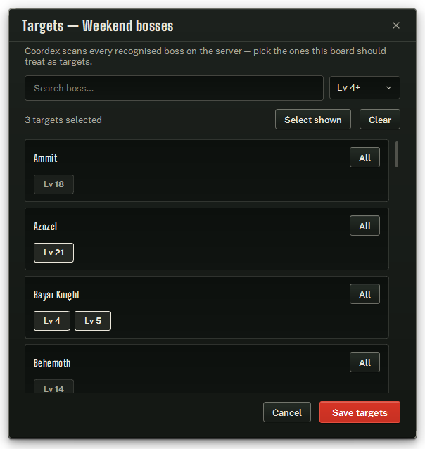 The Track picker for a boss board — search, a minimum-level filter, and one checkable chip per boss level.