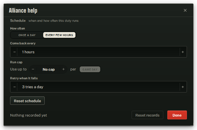 Alliance help’s settings window, on its Schedule.
