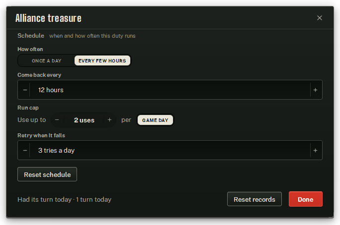 The Alliance treasure settings window, switched to every 12 hours with a cap of 2.
