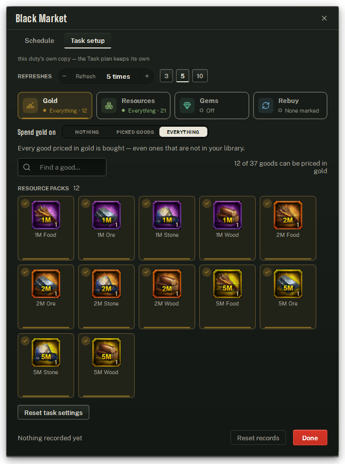 The Black Market duty window on its Task setup tab.