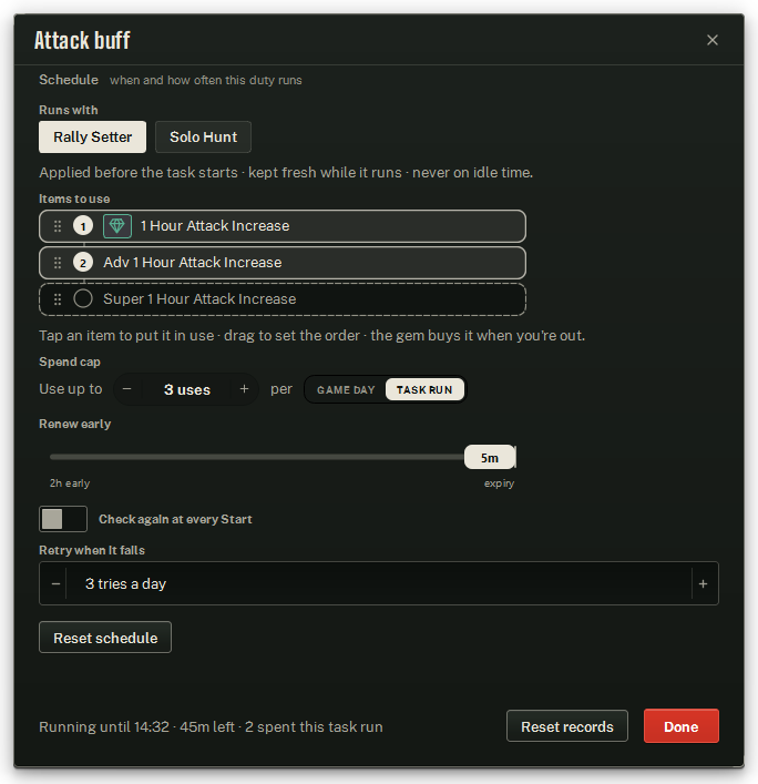 The Attack buff settings window.