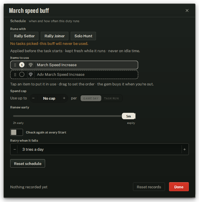 March speed buff — three tasks to choose from.