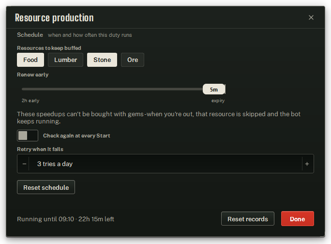 Resource production settings.
