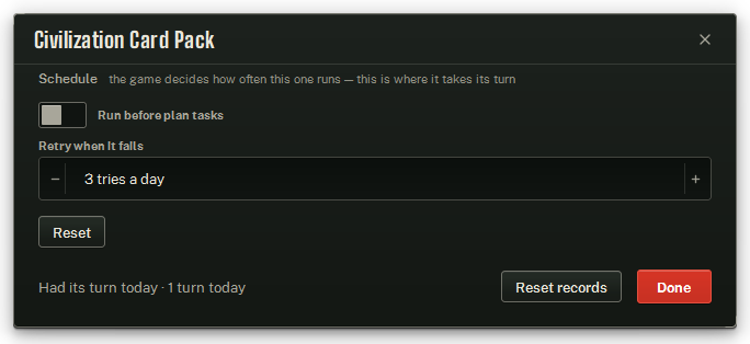 The Civilization Card Pack settings window, after today's turn.