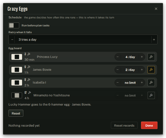 Crazy Eggs' window — no How often: the egg board's own cooldowns set the pace.