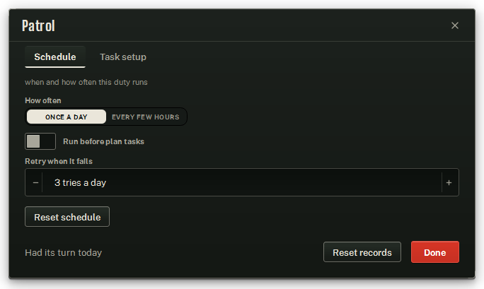 A daily activity’s settings window on its Schedule tab.