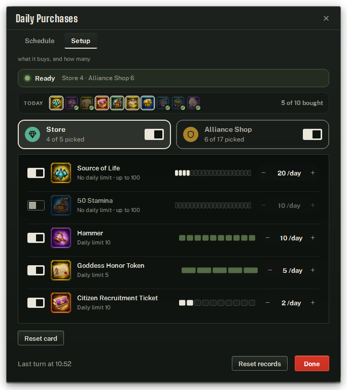 The Setup tab on the Store: the status line, the Today strip, the two shop plates and the Store’s five items.