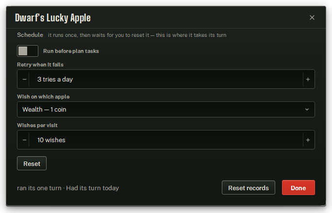 Dwarf's Lucky Apple's window — the go-first box, the retry budget and its two questions.