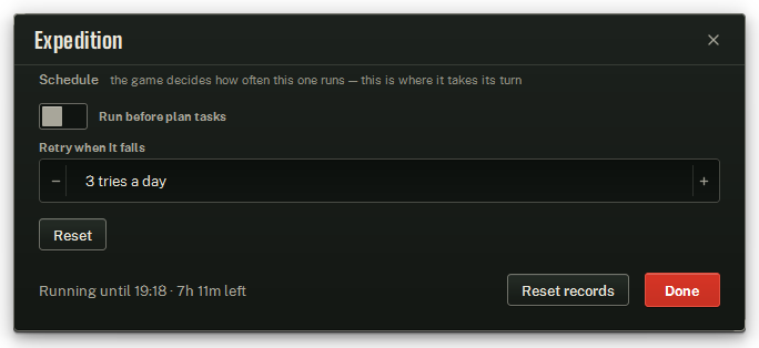 The Expedition settings window, with a reading recorded.