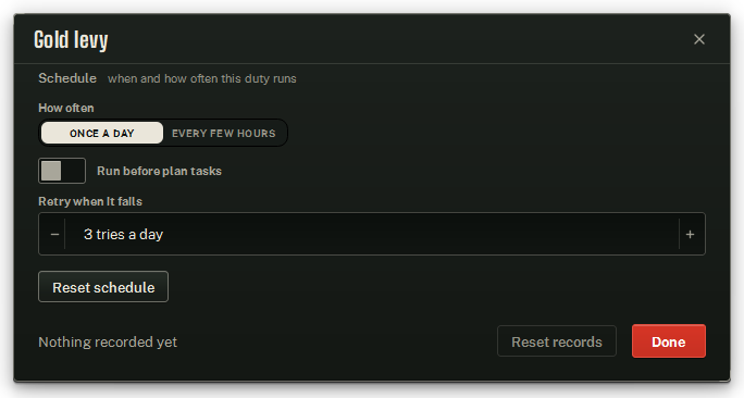 Gold levy’s settings window, on its Schedule.
