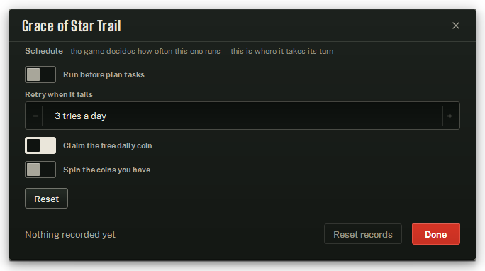 The Grace of Star Trail window: its two switches under the schedule controls.