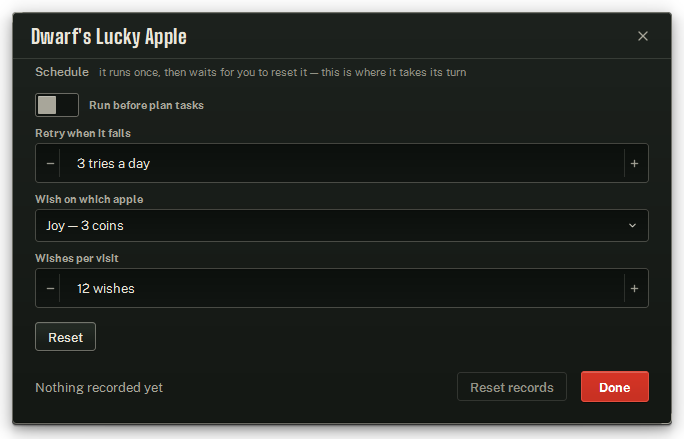 The Dwarf's Lucky Apple window: which apple, and how many wishes.