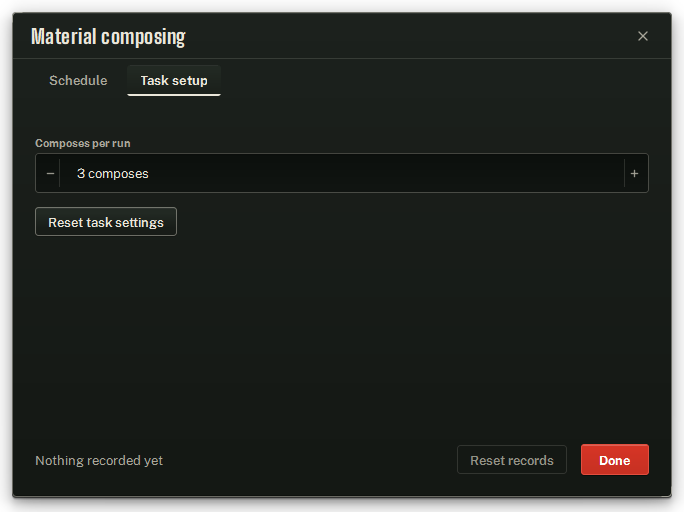 Material composing’s Task setup tab, setting composes per run.