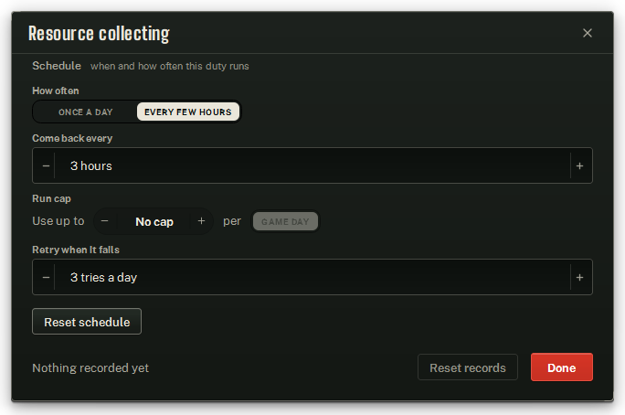 Resource collecting’s settings window, on its Schedule.