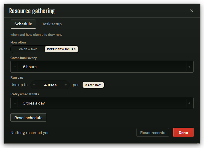The Resource gathering duty: Schedule tab.