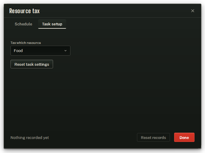 Resource tax’s Task setup tab, choosing which resource to take.