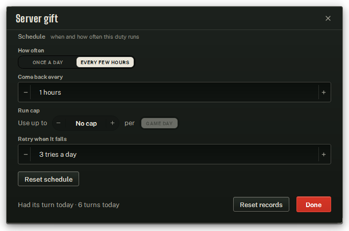 The Server gift settings window, as it ships.