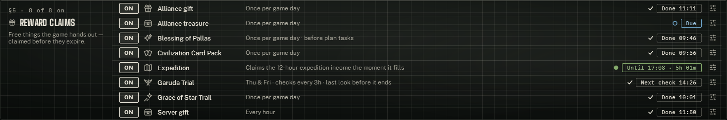 The Reward claims card on the Duties tab. The Expedition chip shows when the bar will be full.