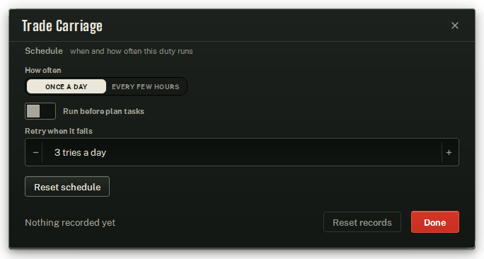 Trade Carriage’s settings window, on its Schedule.