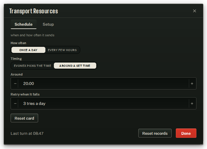 The Schedule tab: once a day, around a set time.