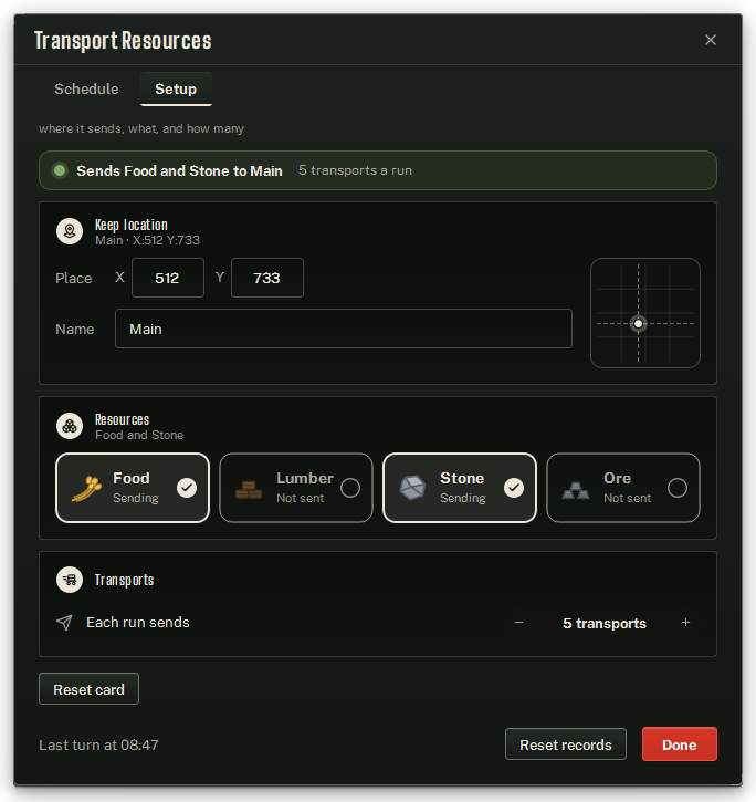 The Setup tab: where it sends, what, and how many.