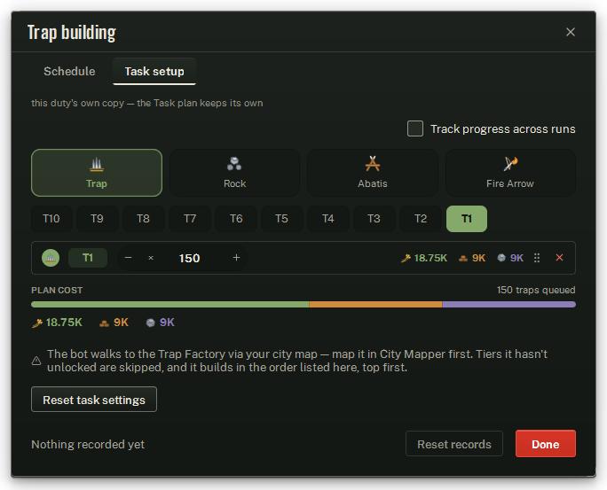The Trap building duty window on its Task setup tab.