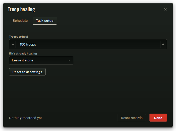 The Troop healing window on its Task setup tab.