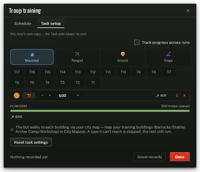 The Troop training duty window on its Task setup tab.