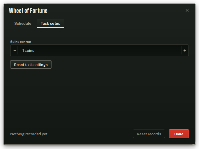 Wheel of Fortune’s Task setup tab, setting spins per run.