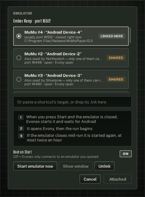 The Emulator popover of Ember Keep, linked to a closed MuMu window.