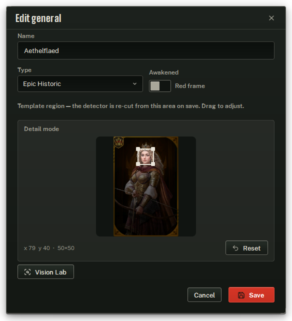 Edit general: name, type, the Awakened switch, and the template region the recognition is cut from.