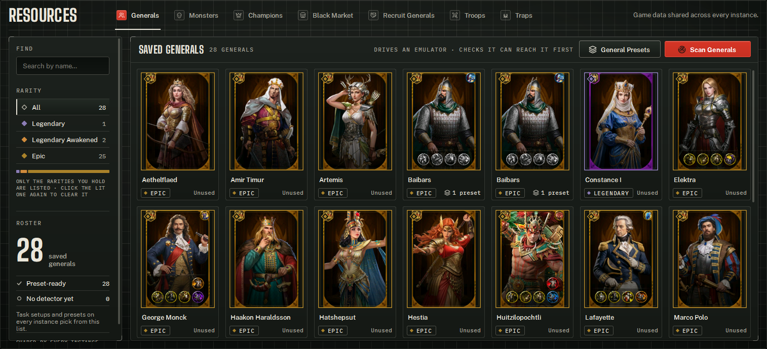 The Saved Generals roster under the Resources head: the rarity filter and a name search, General Presets and Scan Generals, and one card per general.