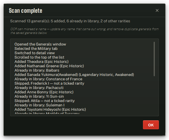 The Scan complete window: the summary, the reminder to fix names, and the full log.