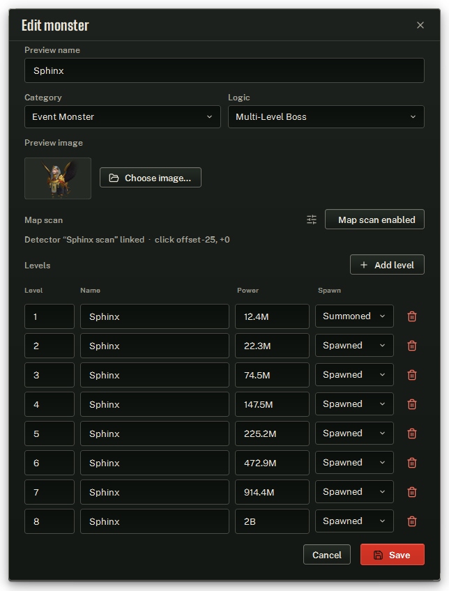 Edit monster: preview name, category and logic, the preview image, the Map scan row, and the level rows.