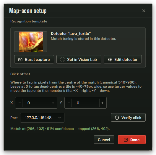 Map-scan setup: the linked recognition template, the click offset, and Verify click.